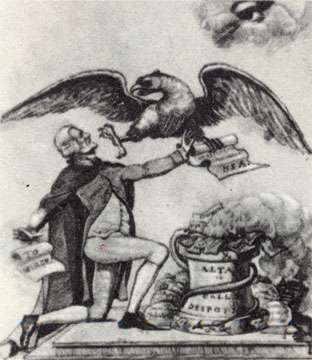 Американский орел не дает Джефферсону принести конституцию США в жертву на 'алтарь французского деспотизма' (федералистская карикатура)