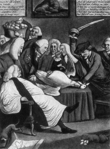 Карикатура вигов. Министры короля собираются зарезать гуся - американские колонии, - несущего золотые яйца. 1776 год.