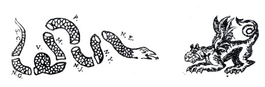 Американская карикатура, символизирующая обострение конфликта между колониями (змея) и метрополией (дракон). Гравюра начала 70-х гг. XVIII в.