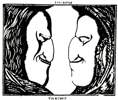 Американская карикатура XVIII в., изображающая двуличие политики. В нормальном положении - период флирта; в перевернутом - после заключения брака