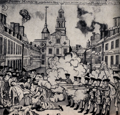 Расстрел  англичанами демонстрации в Бостоне 5 марта 1770 г. Гравюра П. Ривера