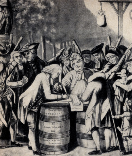 Народ принуждает купцов дать подписку не торговать с Англией Британская карикатура 1775 г.