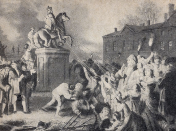Низвержение статуи британского короля Георга III в Нью-Йорке 10 июля 1776 г. Американская гравюра XVIII в.