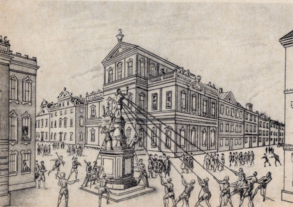Низвержение статуи Георга III. Гравюра, опубликованная в Европе