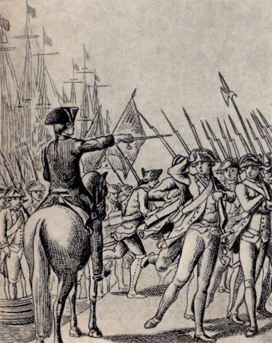 Высадка французских войск, прибывших в Америку Гравюра XVIII в.