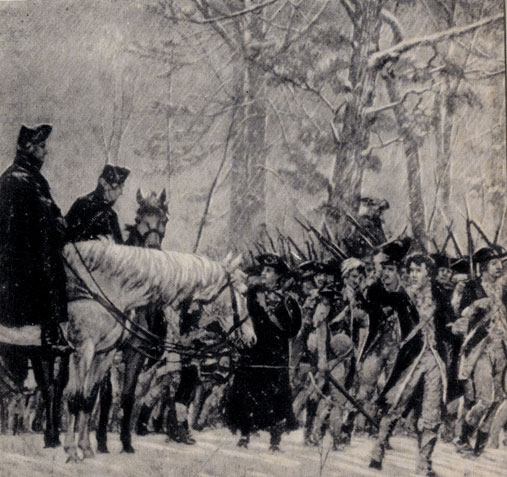 Смотр Дж. Вашингтоном войск в период голодной зимы в Валлей-Форж 1777 - 1778 г. Худ. У. Трего