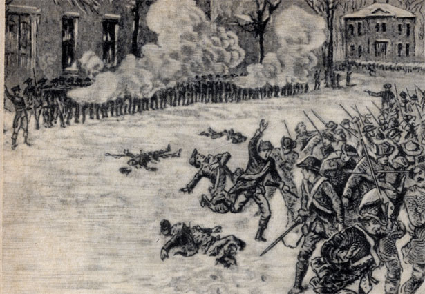 Расстрел повстанцев Д. Шейса у арсенала в Спригфилде в январе 1787 г. Гравюра XVIII в.