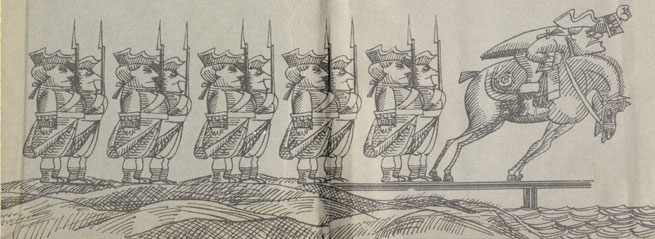 Британский отряд, остановленный 'Сынами свободы' поднятием моста через реку и сорвавшими таким образом карательную операцию англичан. Карикатура худ. Э. Сореля