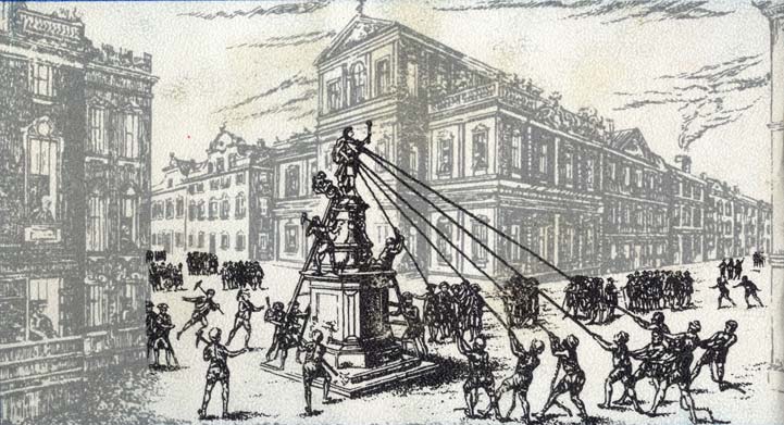 Гравюра, изображающая участников демонстрации 10 июля 1776 г. в Нью-Йорке, низвергающих статую английского короля Георга III
