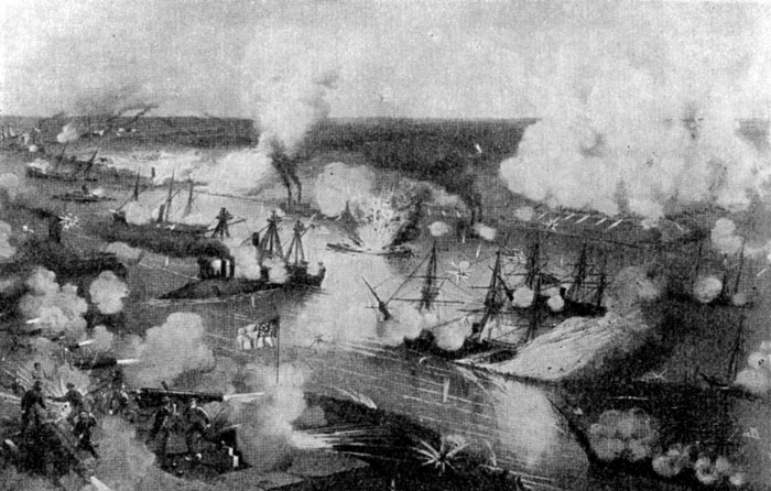Морской бой 24 апреля 1862 г. Гравюра середины XIX в.
