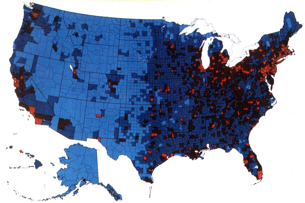 Относительная плотность населения. Плотность населения в США в разных районах колеблется от четырех человек на квадратный километр (светлоголубой цвет) до средней плотности (пурпурный цвет) и до очень высокой плотности (красный цвет) - около ста человек и более на квадратный километр