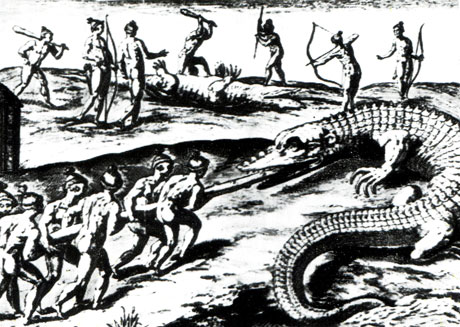 Гравюра по рисунку, сделанному четыреста лет назад, дает представление об охоте индейцев на аллигаторов