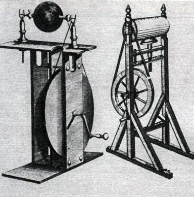 Рис. 5. Электростатическая машина, изображенная на рисунке слева, описана в книге Джозефа Пристли об электричестве. Пристли написал эту книгу по совету Франклина. Машиной, изображенной справа, Франклин пользовался в своих опытах