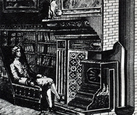 Рис. 7. Знаменитая печь Франклина была изобретена незадолго до того, как ученый начал опыты с электричеством. Ее важной особенностью был дымоход, изогнутый наподобие радиатора, вокруг которого циркулировал воздух