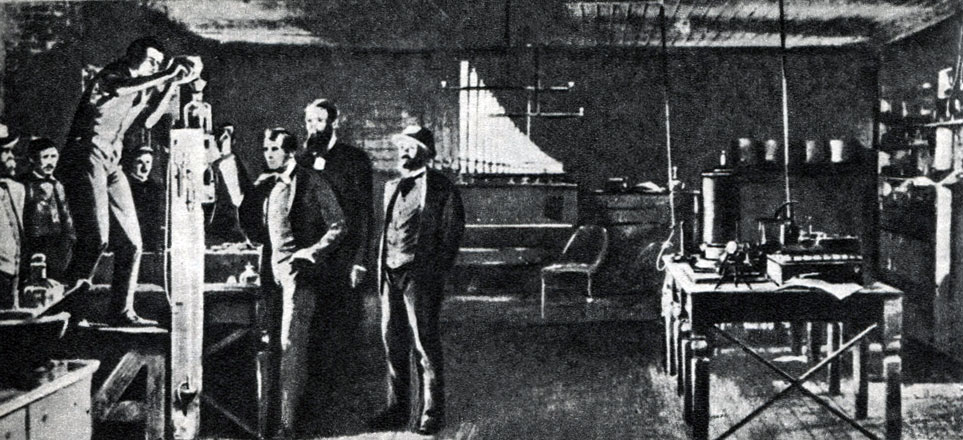 Рис. 31. Первая лаборатория Эдисона, где была разработана лампа накаливания. Для откачки воздуха из колбы применялась трубка с ртутью