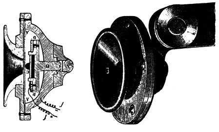 Рис. 36. Телефонный передатчик, сконструированный Эдисоном, превзошел аппарат Белла. Звуковые волны в трубке (Е) заставляли вибрировать угольную кнопку (С), изменяя таким образом электрическое сопротивление в цепи