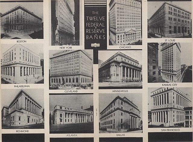 Двенадцать федеральных резервных банков в 1936 году: https://en.wikipedia.org/wiki/Federal_Reserve#/media/File:US_Federal_Reserve_Banks_collage_1936.jpg